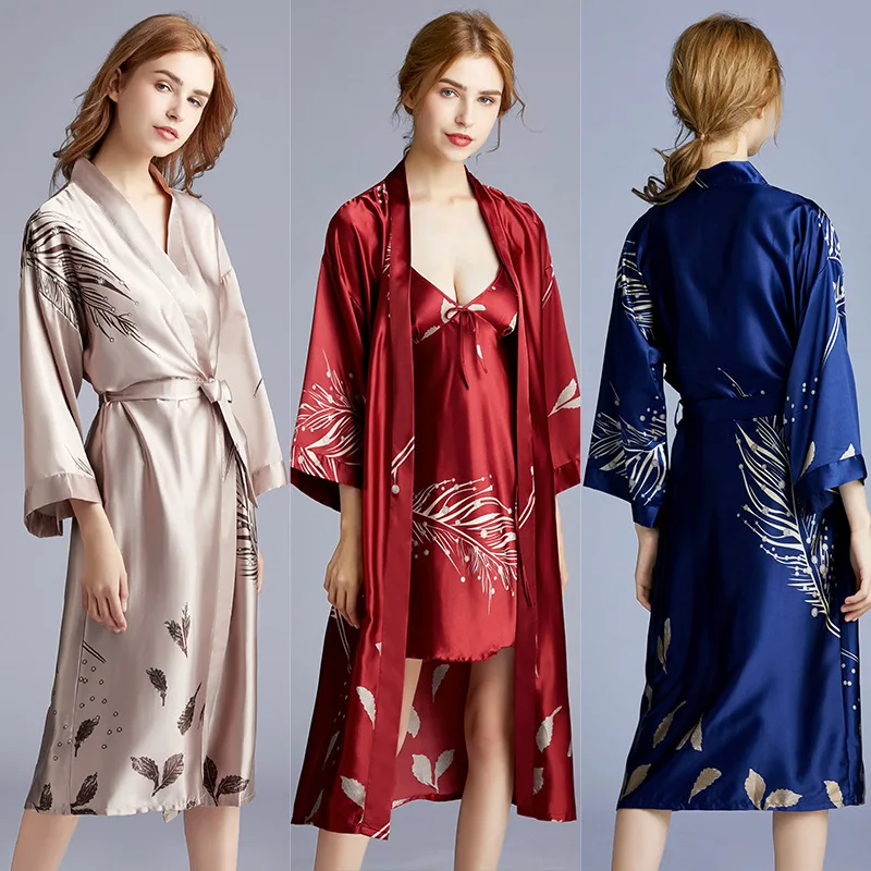 

Blue Print Robe Satin Sleepwear Silky Kimono Gown Women Loose Nightgown Female Casual Bathrobe Gown Novelty Home Dressing Gown