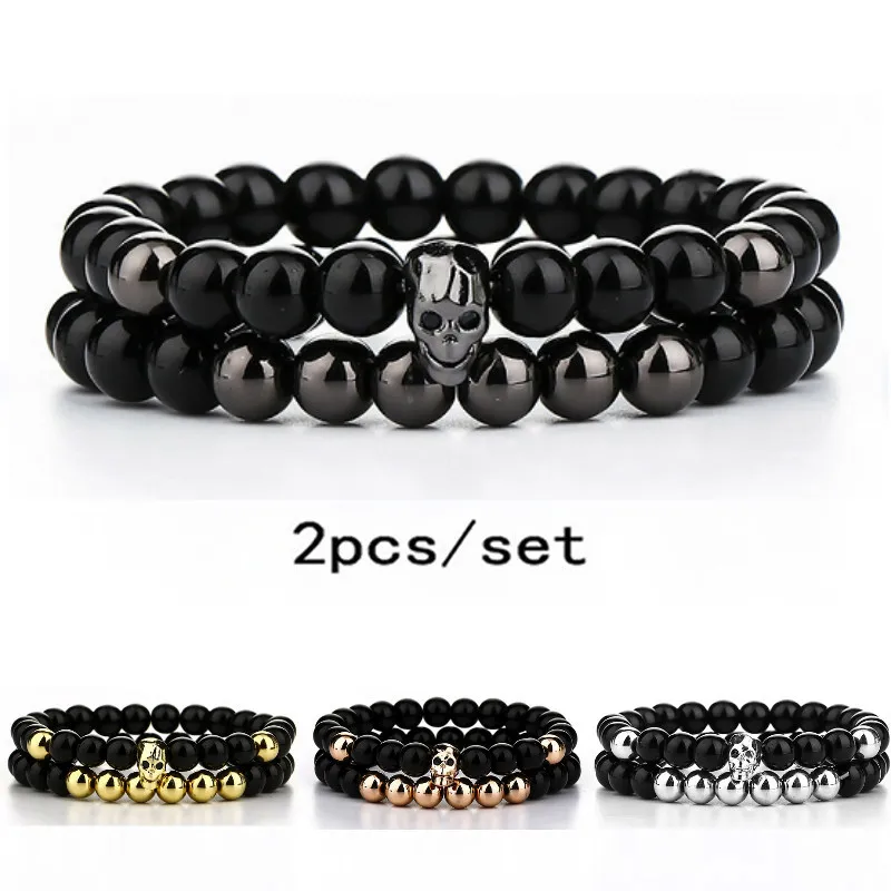 Мужской браслет с черепом Diffone гладкий обсидиановым камнем дистанционным