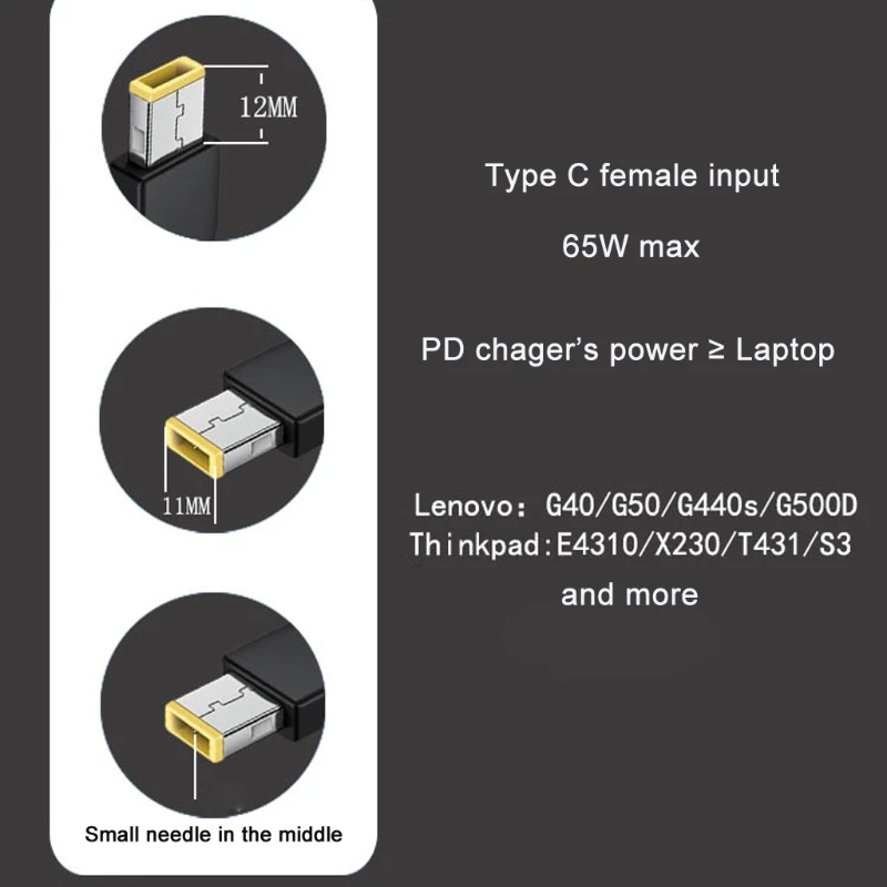 

65W USB C PD Type C Female to Slim Tip Power Charging Cable for -Lenovo Thinkpad
