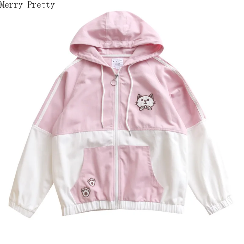 

Women Cartoon Cat Embroidery Patchwork Jackets Coats Jacket Zipper Korean Jackets Long Sleeve Casual Outerwear Female Tops