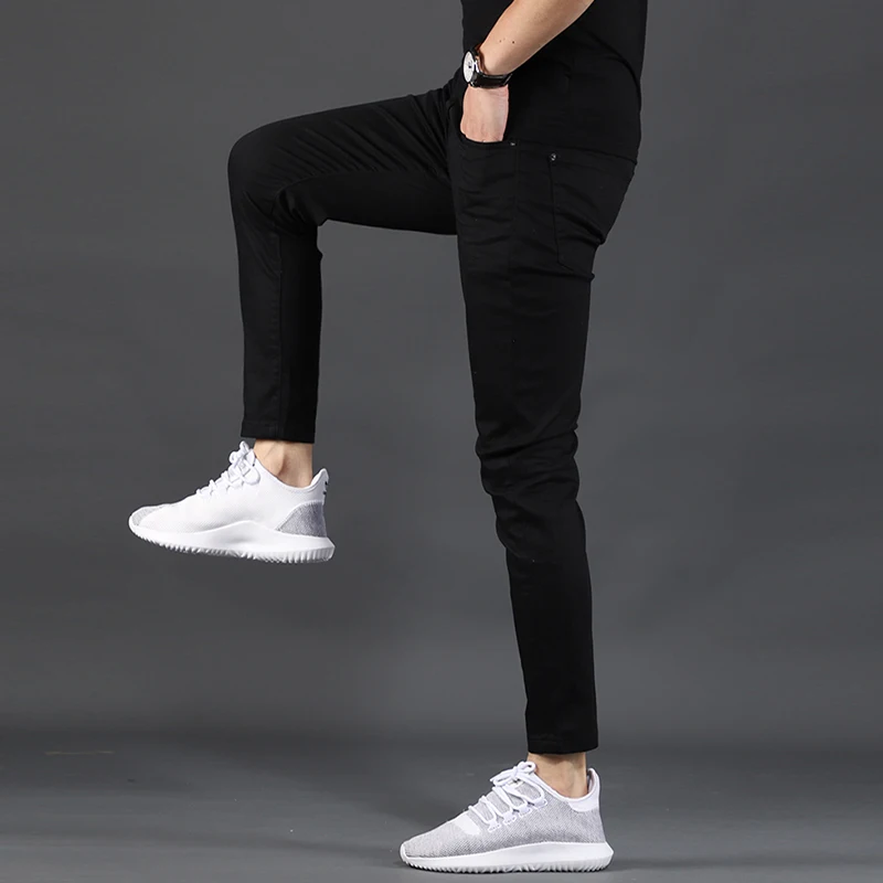 Men Pure Black Jeans Summer Thin Cotton Stretch Slim Fit Ankle-Length Pants