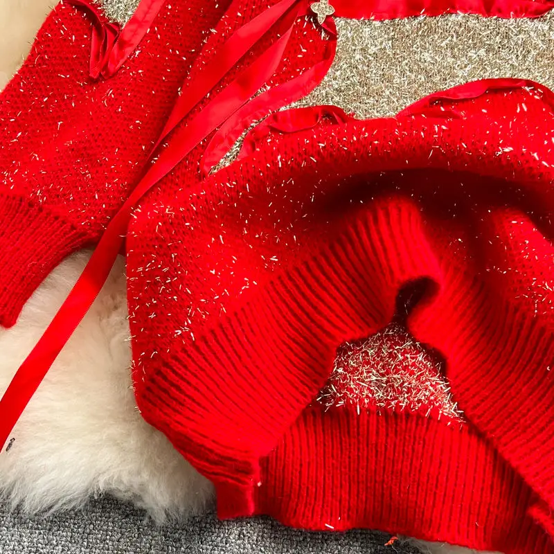 Свитер новинка зимы 2022 модный Рождественский Яркий шелковый Свободный Красный