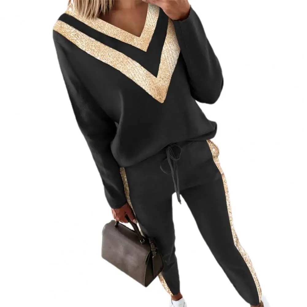 Женский комплект из свитшота и брюк, Свободный пуловер с длинным рукавом и штаны с Кулиской в стиле пэчворк, 1 комплект