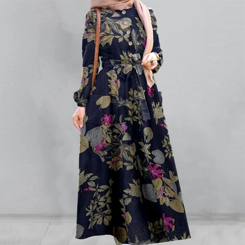 Italian fashion abaya clothing printing retro Ramadan dress Muslim women long dress Dubai Arab Islamic ethnic evening dress