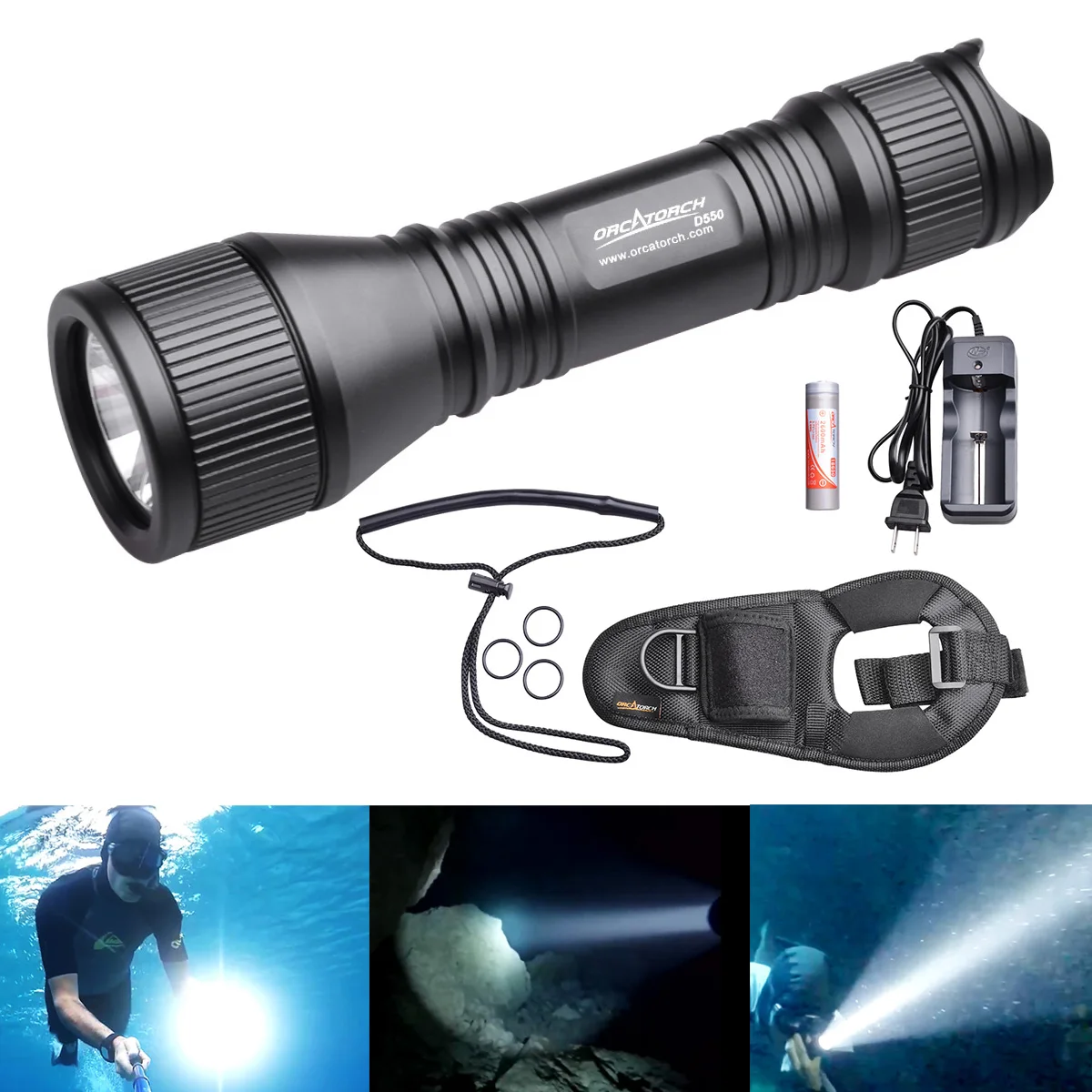 

ORCATORCH D550 5W Waterproof Diving Flashlight 970 Lumens XM-L2 U4 LED with O Ring and Hand Rope for Professional Diving