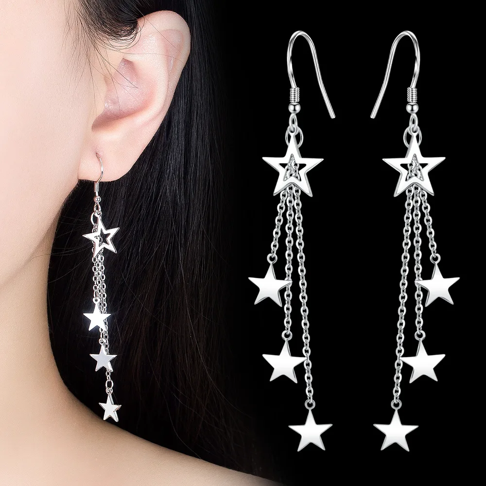 

925 sterling silver Woman Lady retro simple five-pointed star exaggerated long tassel earrings Rose gold silver new Jewelry