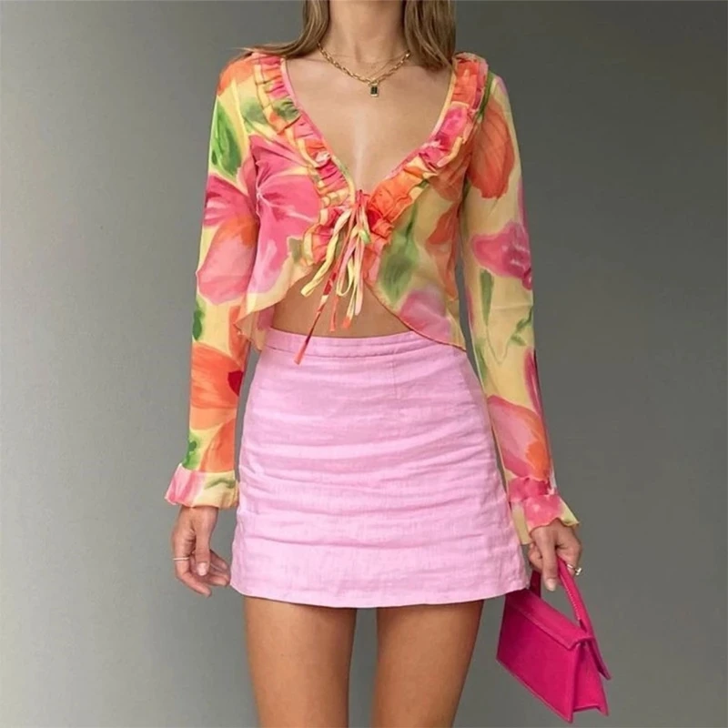 

Women Summer Long Sleeve Chiffon Crop Top Sexy V-Neck Ruffles Lace-Up T-Shirt Cardigan Floral Print Beach Cover Up