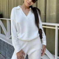 winter womens solid v neck knitted suit casual two piece set lapel pullover sweater slim pants set autumn female outfit