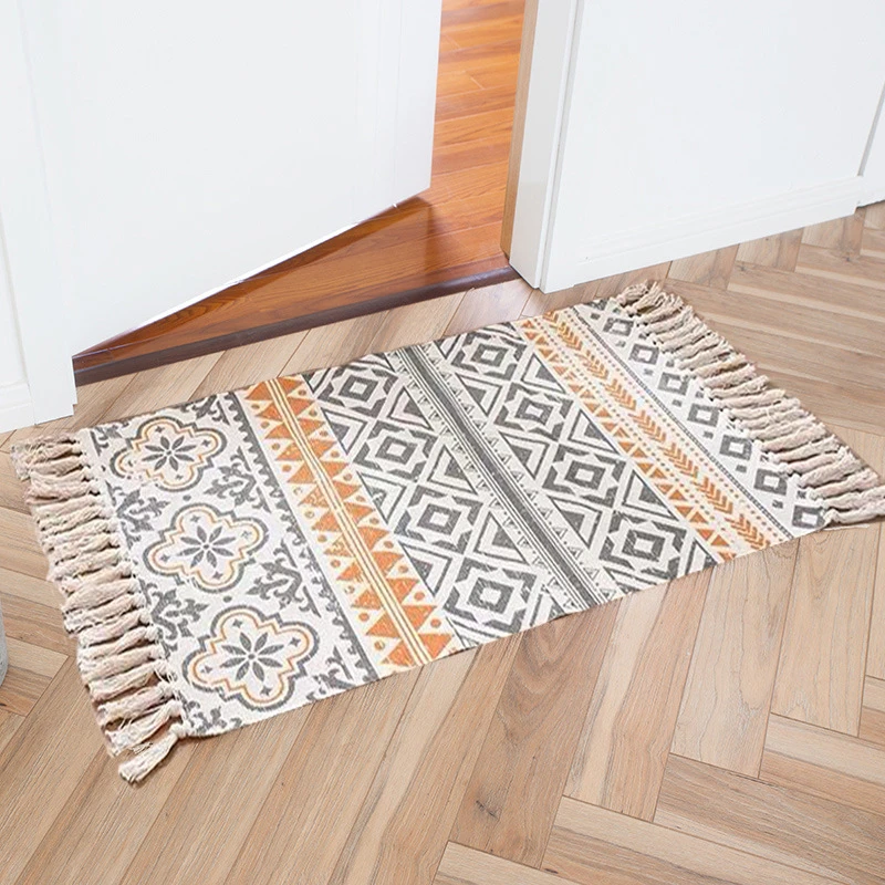 

Cotton Linen Tassel Home Weave Carpets Welcome Foot Pad Bedroom Study Room Floor Rugs Prayer Mattress