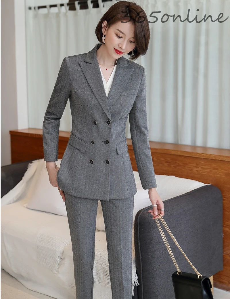 

High Quality Fabric Novelty Grey Autumn Wiinter Women Formal Business Suits with Pants and Jacket Professional Blazers Pantsuits