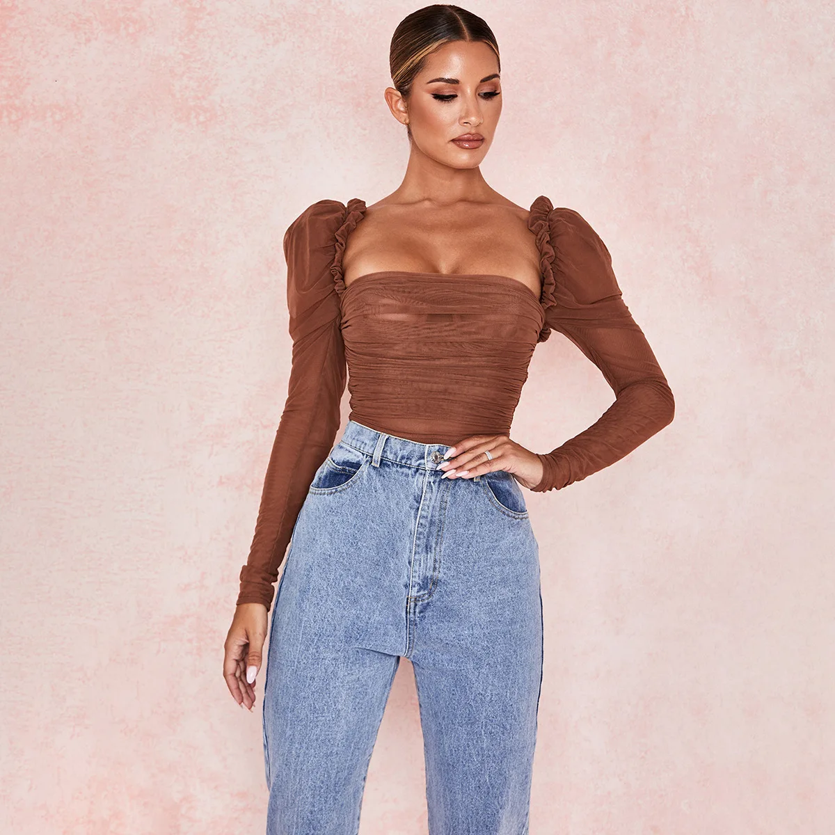 Женское облегающее боди Fuedage Сетчатое платье с рюшами и длинными рукавами