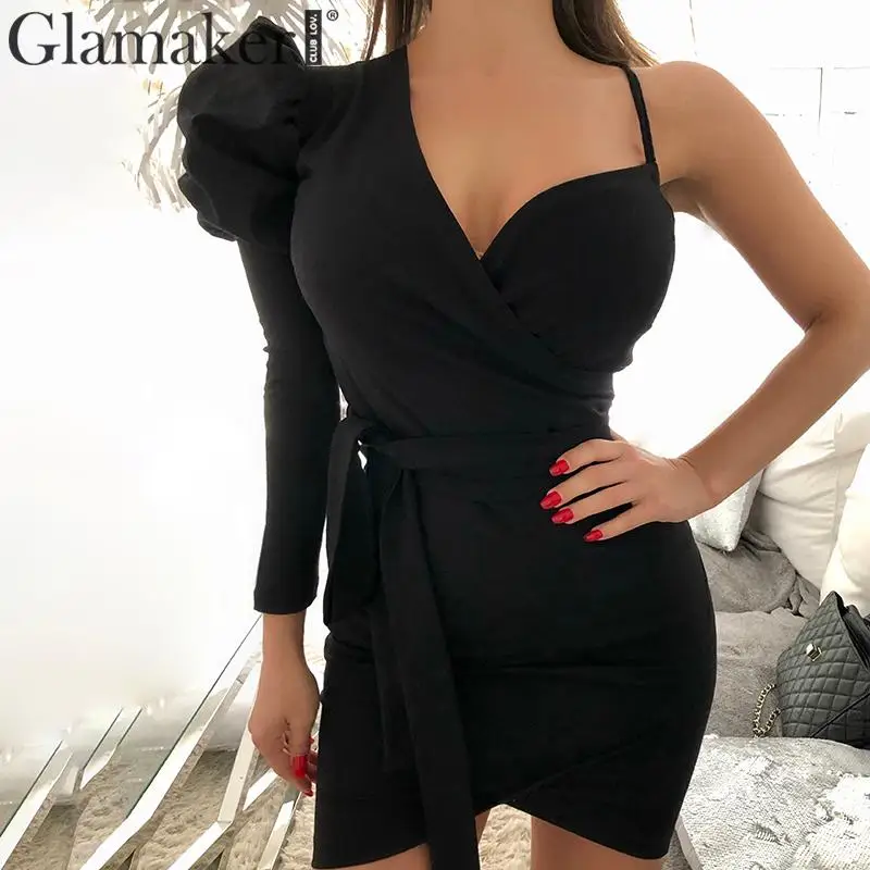 Женское трикотажное мини платье Glamaker элегантное облегающее на одно плечо с v