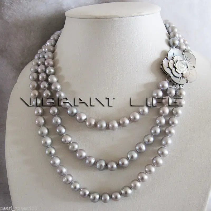 

new Style Hot sale***17-20" 7-8mm Gray Freshwater Pearl Necklace Shell Clasp 3Row \Fashion Wedding Party Jewellery