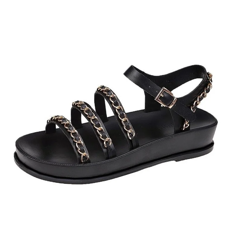 

Flat Shoes Ladies Sandals Ladies Solid Color Platform Casual Shoes Open Toe Buckle Metal Chain Decoration Wedge Shoes 2021summer