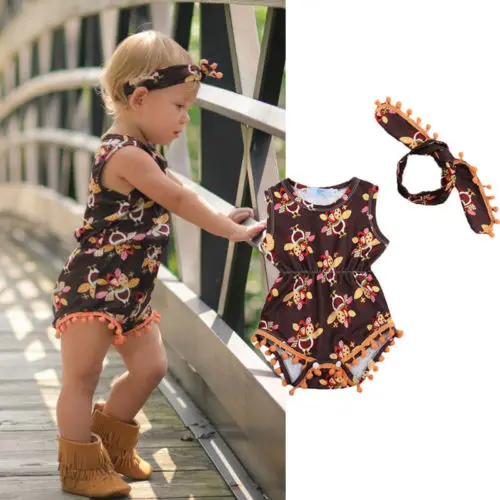 

Комплект одежды для новорожденных девочек из 2 предметов, комбинезон без рукавов с принтом, наряды с повязкой на голову