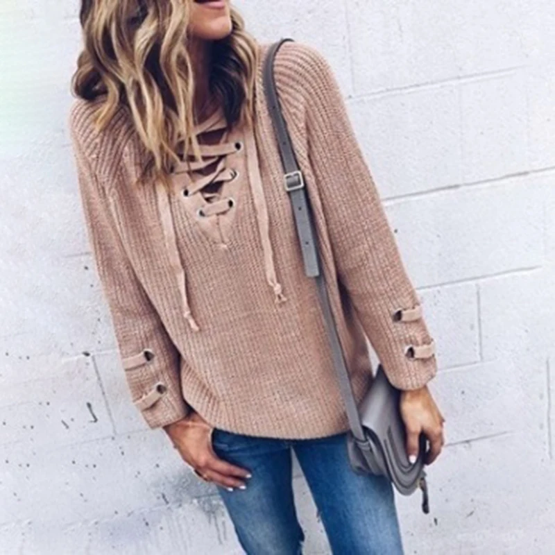 

Sweater Lace Up V-neck Sexy Women's Knitted Autumn Winter New Fashion Sweater New Loose Solid Winter Tops for Women Sexy