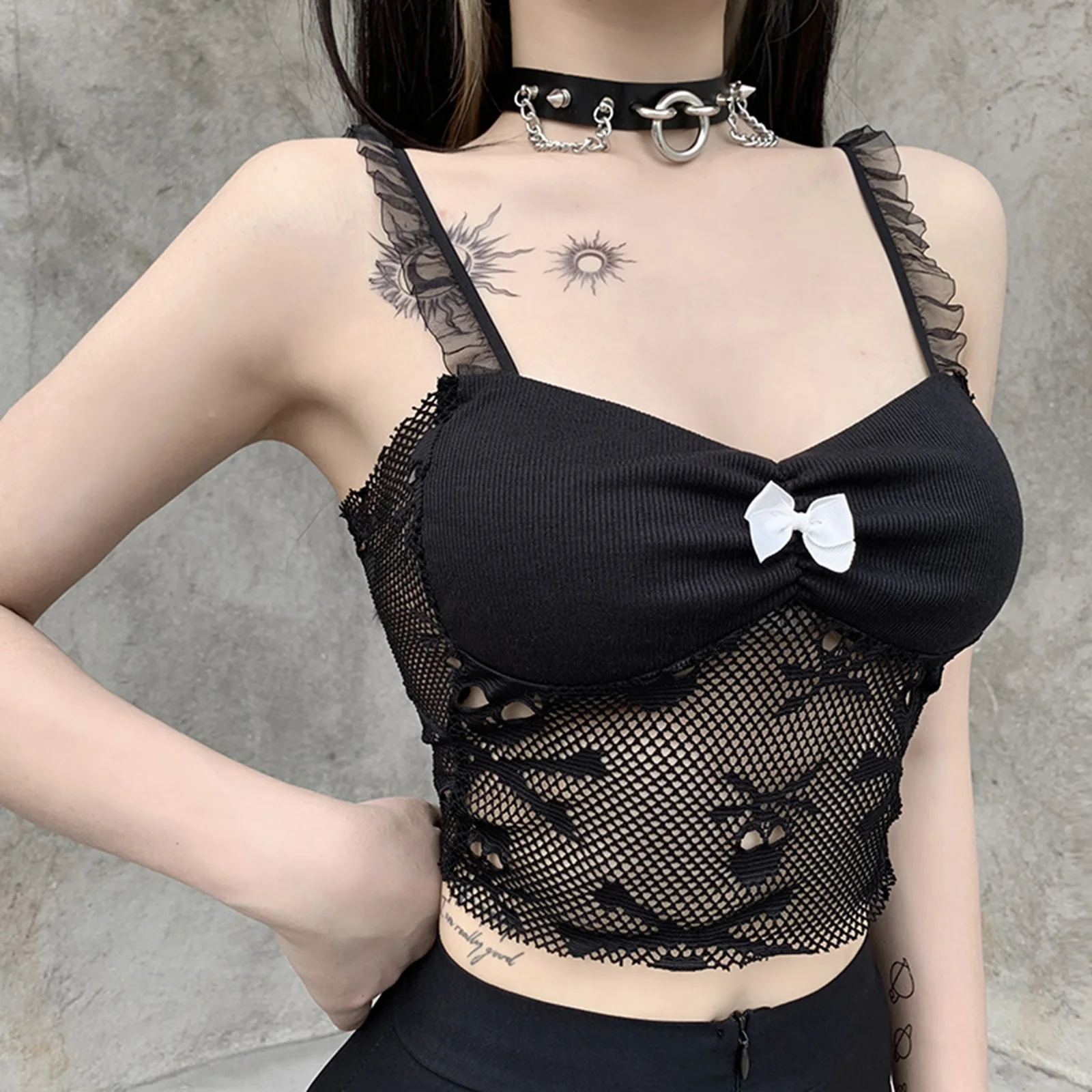 

Goth Dark Gothic Skull Graphic Embroidery Black Camis Sexy Mesh Patchwork Transparant Bodycon Crop Top Women Sleeveless Clubwear