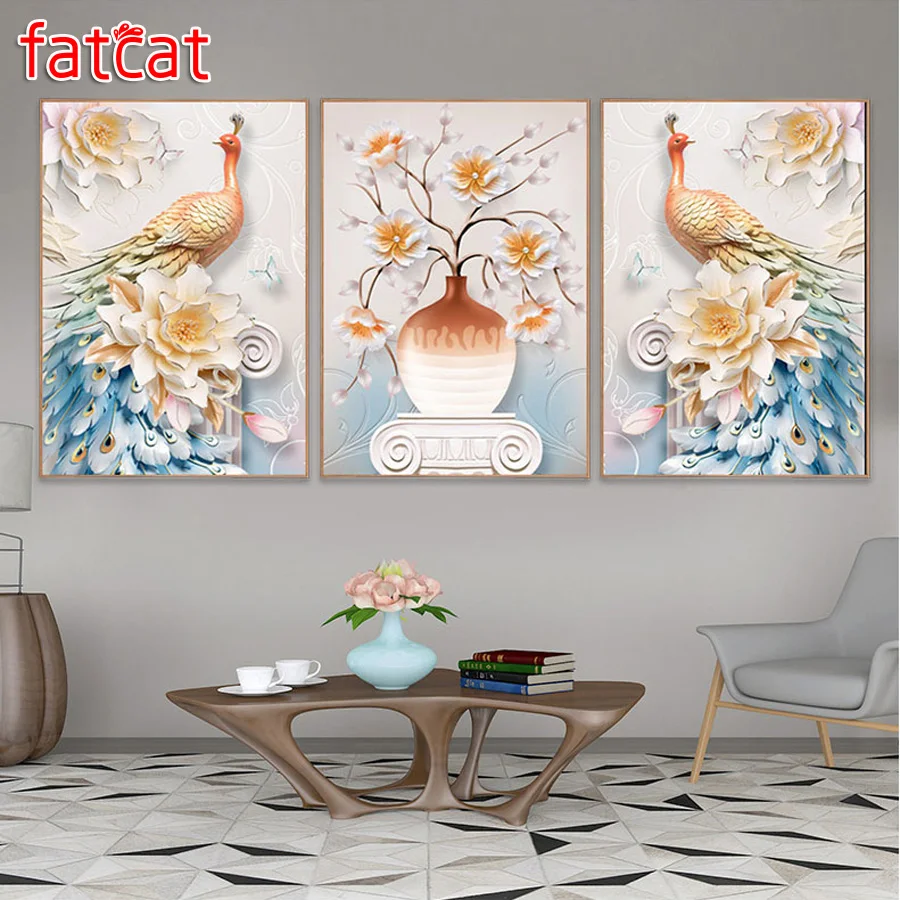 

Картина из страз FATCAT, "павлины", 5d, квадратная Круглая Мозаика, вышивка, Триптих, украшение для дома, AE2380