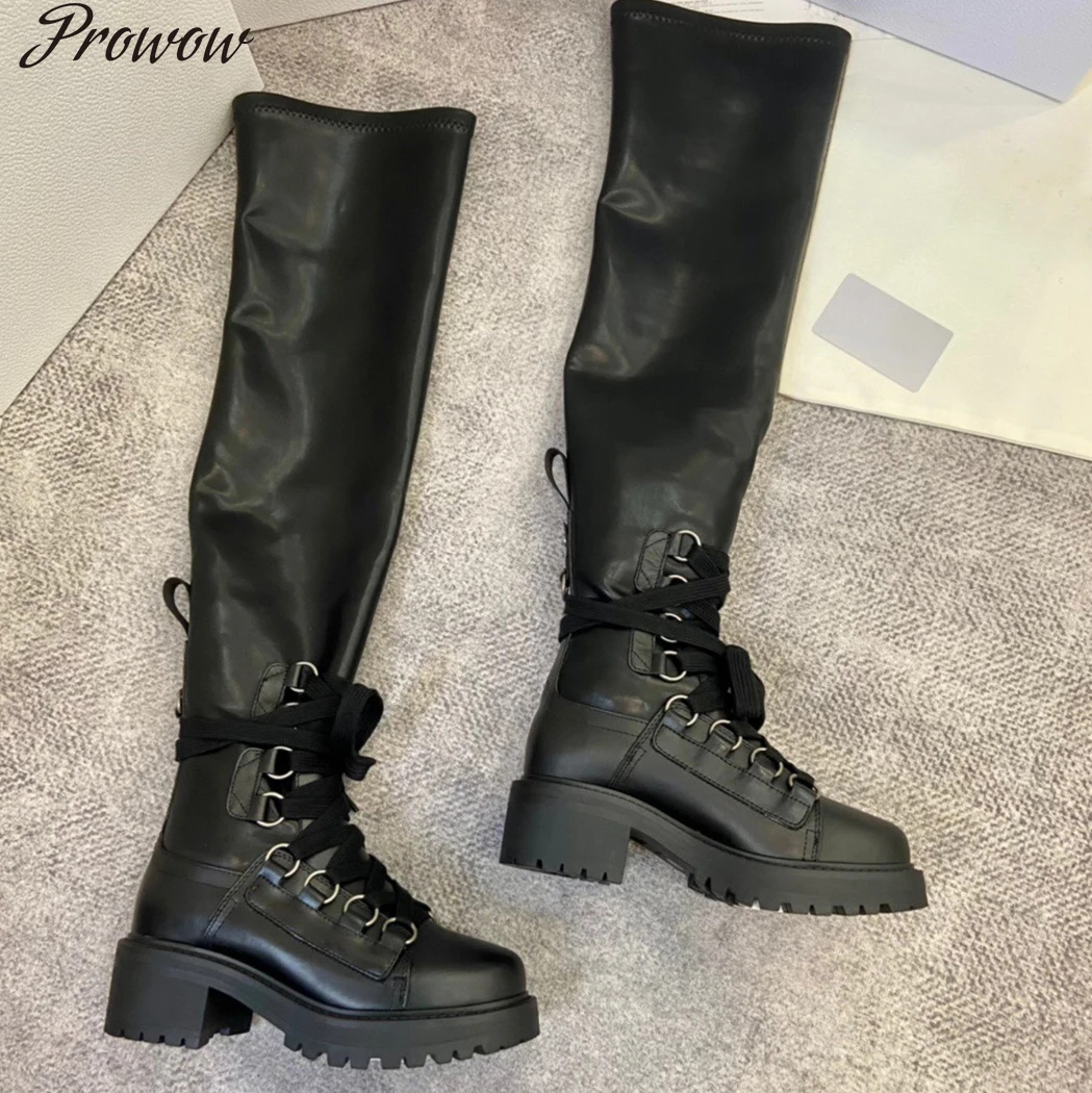 

Prowow New Stretch Boots Women Shoes Winter Genuine Leather Platform Over-The-Knee Boots Metal Decoration Lace-up Shoes