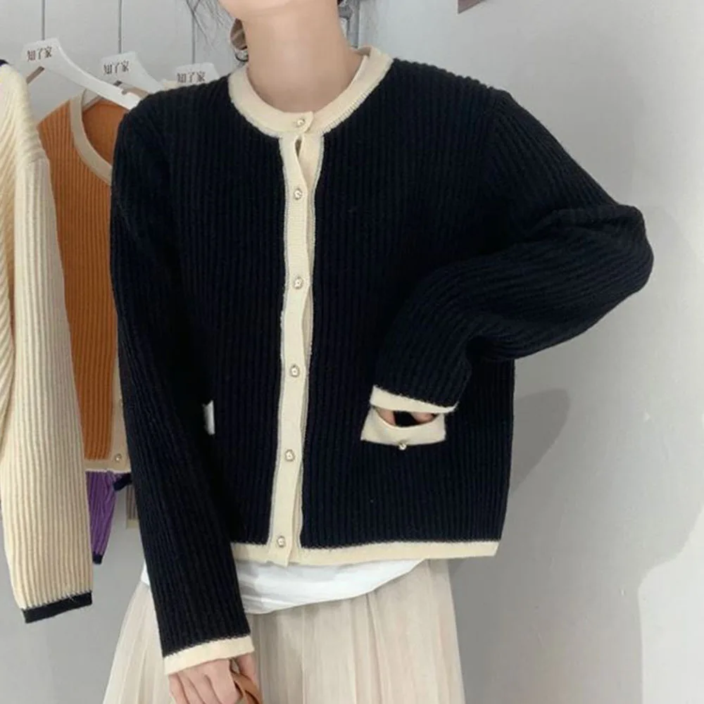 

Autumn New 2021 Fashion Women Sweater Solid Color Loose Casual Round Neck Long Sleeve Color Contrast Women Cardigan Jacket