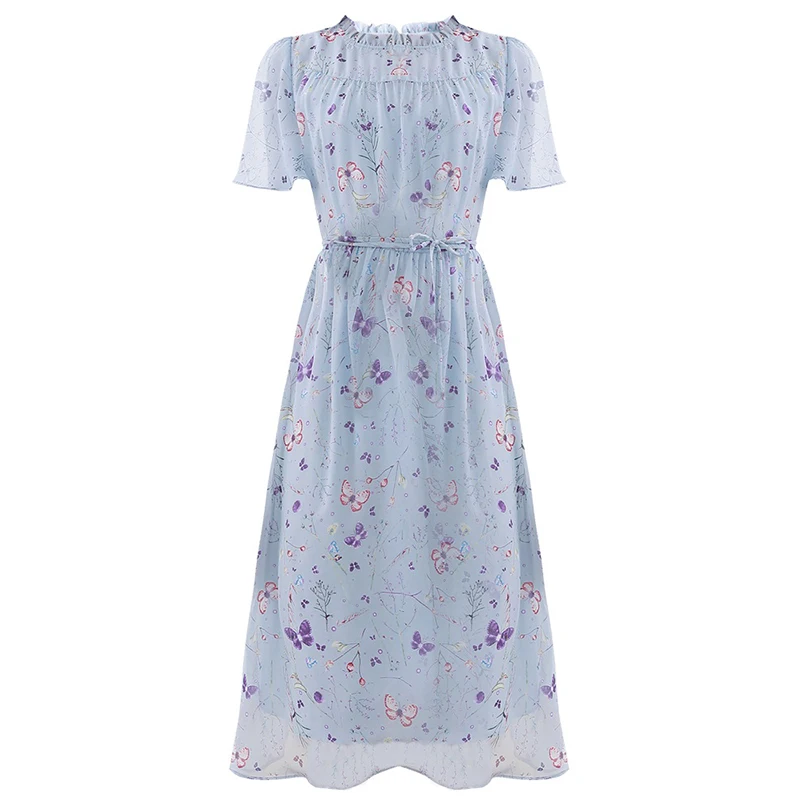 

Women Chiffon Floral Print Dresses Female Sweet Midi Dress Transparent Short Sleeve Elegant Blue Fairy Dresses For Women Summer