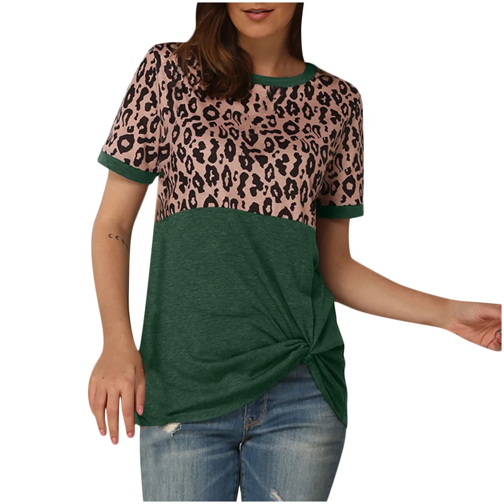 Леопардовая женская блузка рубашка с круглым вырезом короткий рукав