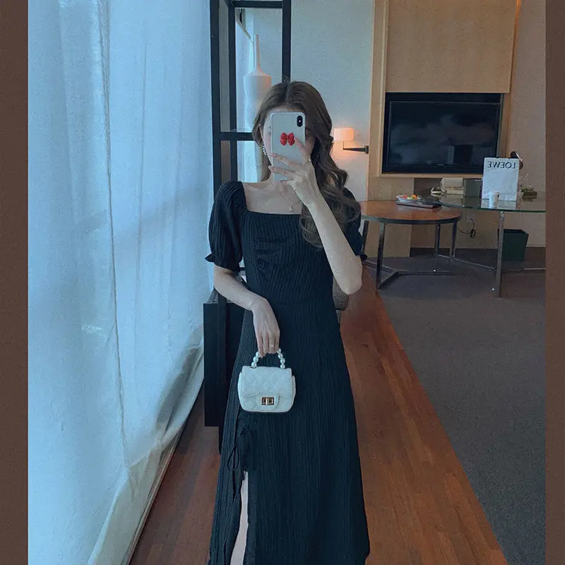 

2021 Summer Short Sleeve White Thin Elegant Dress Women Bandage Design Lace Midi Dress Office Lady One Piece Dress Korean Chic