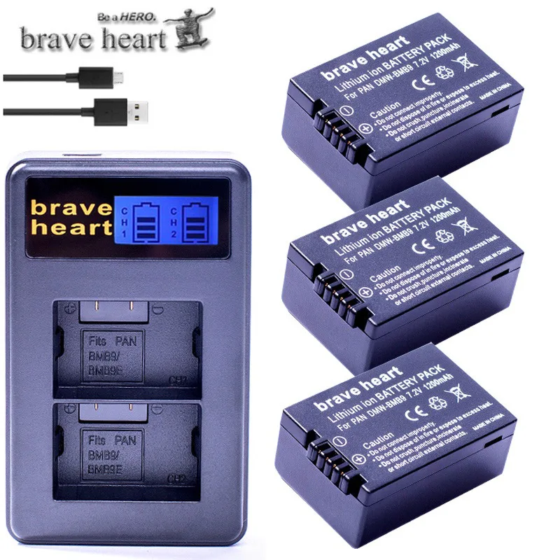 charger and 3battery 3 шт. DMW-BMB9 DMW-BMB9E DMW BMB9 батарея+ ЖК двойной USB зарядное устройство для Panasonic Lumix DMC FZ40K FZ45K FZ47K FZ48K FZ60 FZ70 FZ100 - Цвет: charger and 3battery