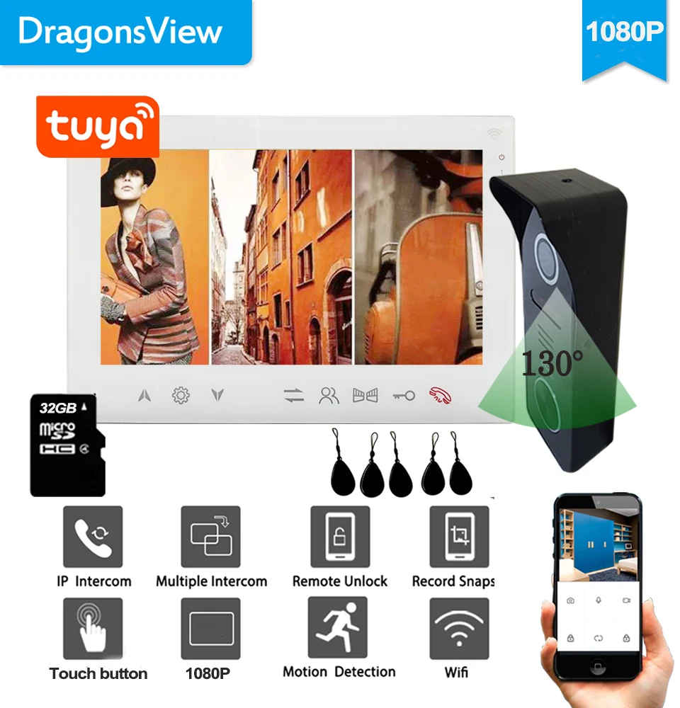 

Dragonsview Беспроводной IP видео-телефон двери внутренной связи Wi-Fi, 1080P 960 дверной звонок Камера допуска двери дистанционного Contrrol 7 дюймового ум...