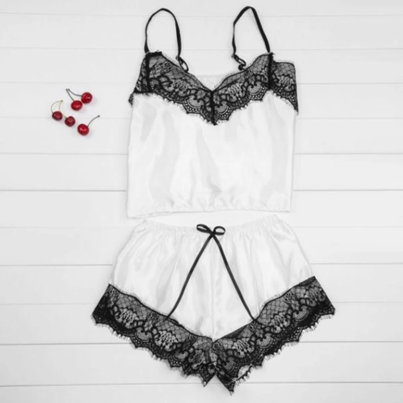 

2pcs Sexy Sleepwear Summer Pajamas For Women V Neck Silk Lace Satin Shorts Spaghetti Strap Pajama Set