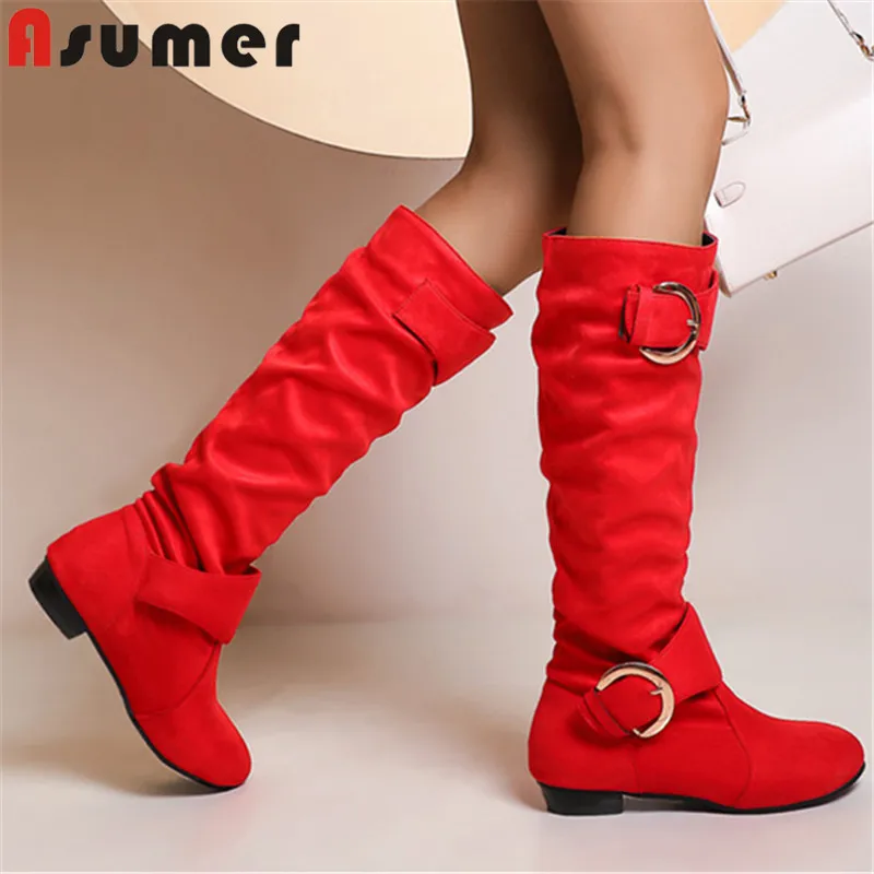 

ASUMER 2021 newest knee high boots women flock Metal decoration buckle round toe autumn winter low heel casual shoes woman