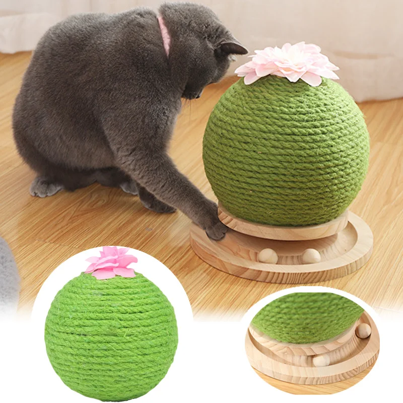 Cat Toy Sisal Cactus Cat Scratching Ball Wood Track With Rolling Ball Kitten Claw Grinding Wear-Resistant Sisal Rope Pet Scratch