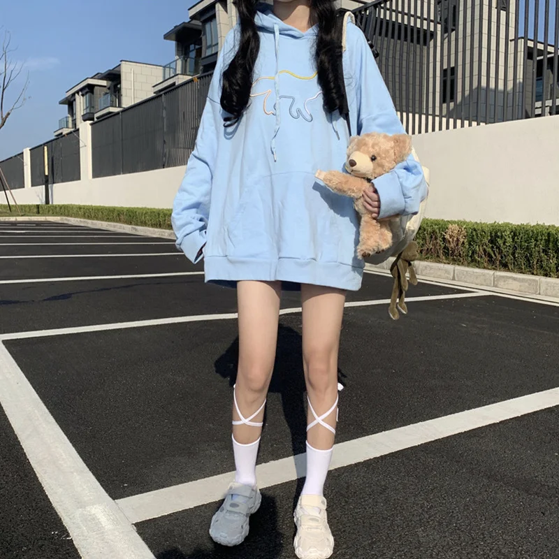 

INS супер популярный синий свитер с длинным рукавом женский ранний осенний корейский стиль с капюшоном BF ленивое тонкое пальто Свободный Топ...