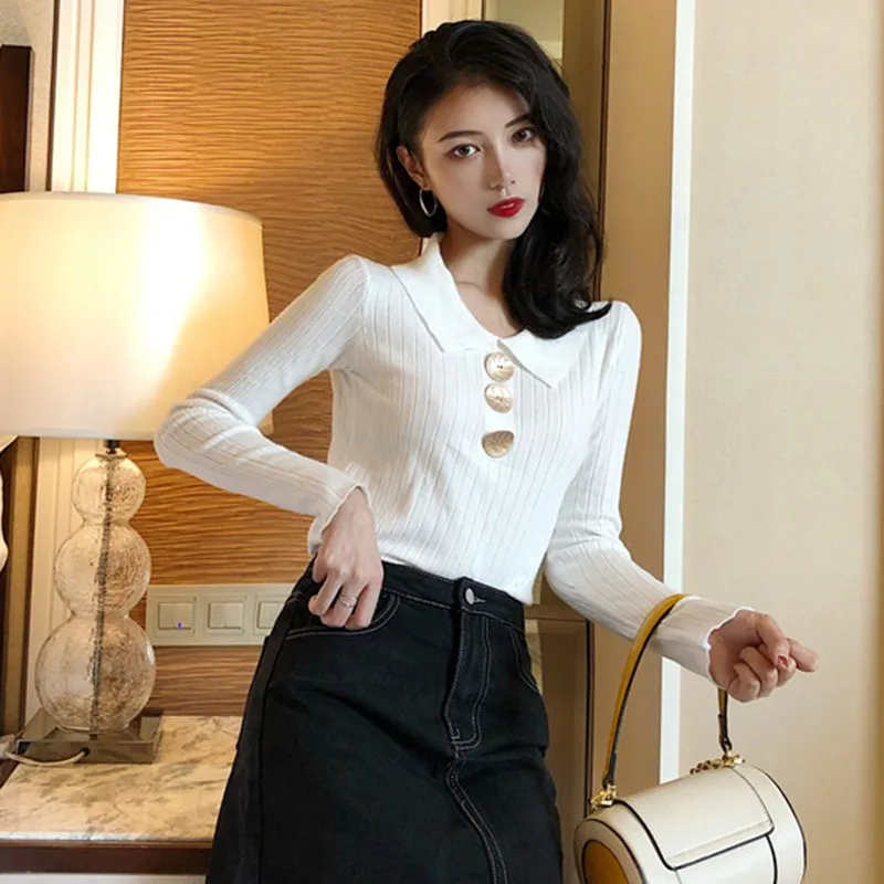 

New Women Casual Solid Sweater Pullovers Long Sleeve Button V-neck chic Sweater Female Slim Knit Tops Soft Jumper L