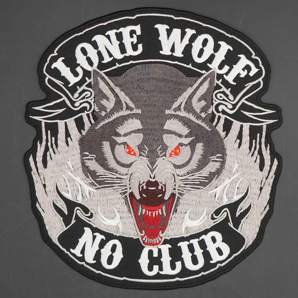 Lone Wolf No Club Large Size Embroidery Punk Biker Patch for Clothing Hat Bags Iron on Backing