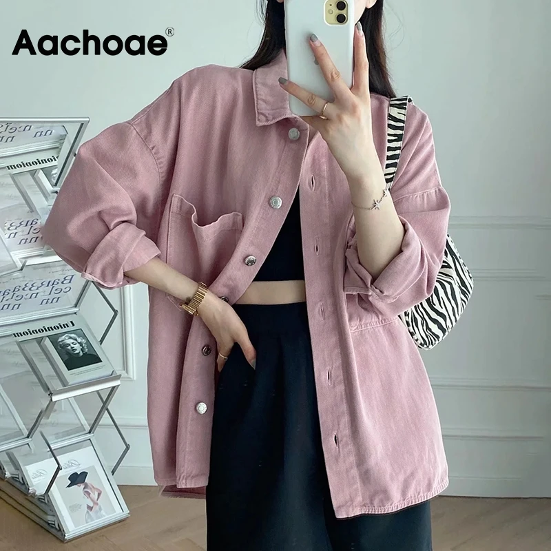 

Осенние Женские однотонные хлопковые куртки Aachoae, пальто, Повседневная Верхняя одежда с отложным воротником и длинным рукавом, женские шика...