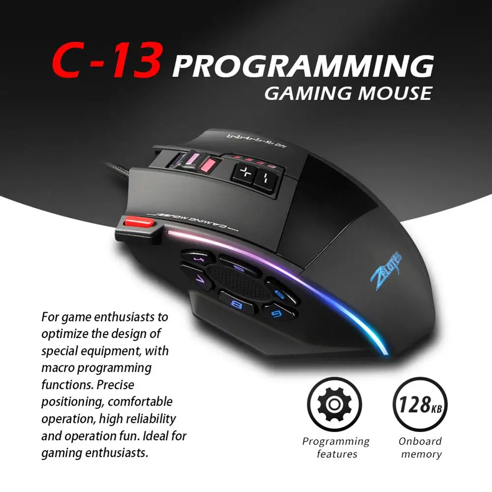 ZELOTES C-13 Проводная игровая мышь 10000DPI 13 программируемых кнопок USB RGB лазерная