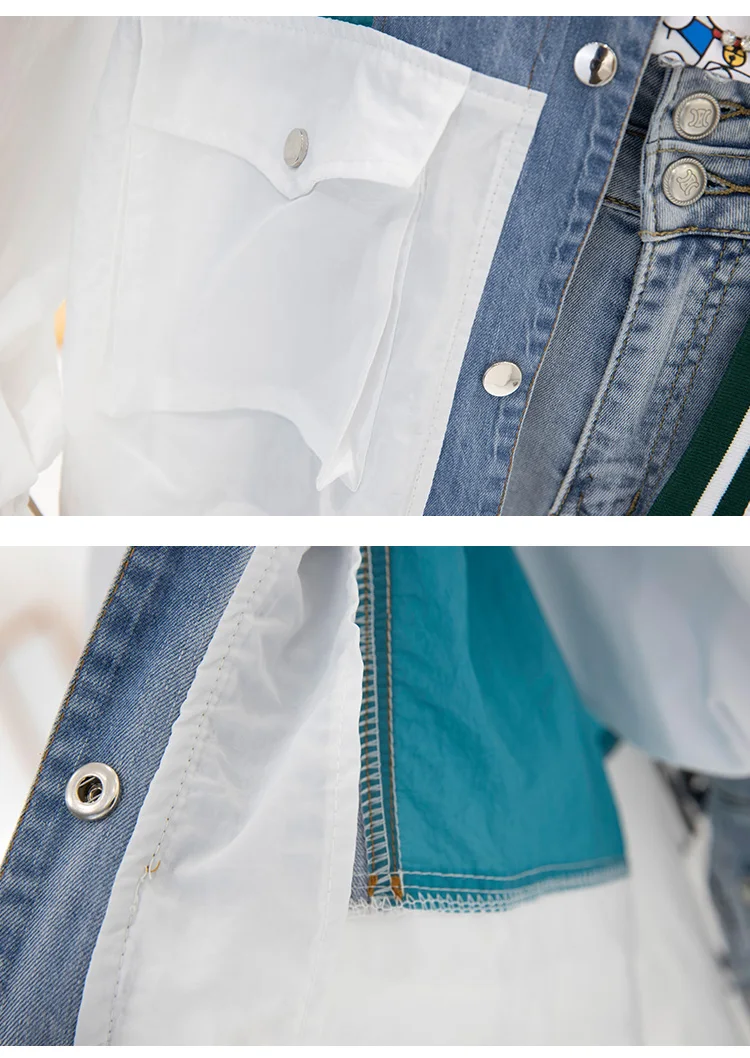 

2021 Spring Summer Female New European Loose Denim Stitching Sun Protective Coat Women Fashion Casual Patchwork Zipper Jacket