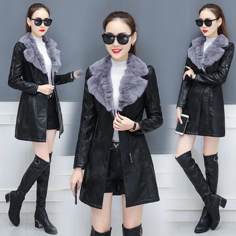 2021 New atutumn Women's Leather Jacket Warm Big Fur Collar Long Leather Coat Balck Outerwear Slim Fit Overcoat Plus Size S-5XL