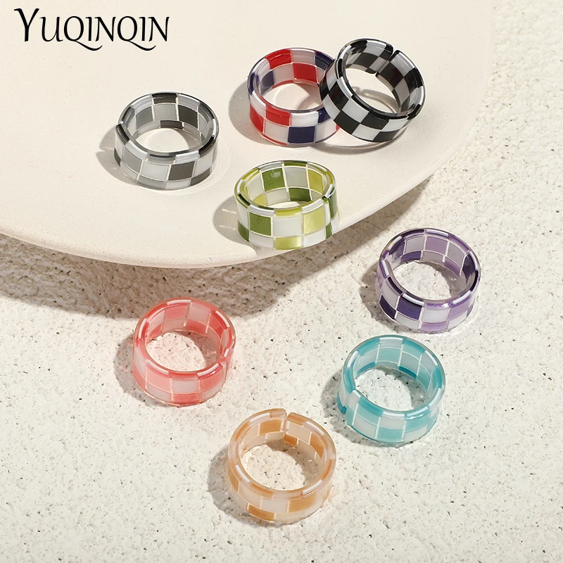 

Korean Ins Vintage Resin Geometric Colorful Adjustable Rings Set for Women Girls Simple Lattice Open Ring Fashion Jewelry Party