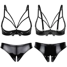 Womens Lingerie Crotchless Underwear Set Wet Look Patent Leather Strappy Open Cup Bowknot Underwired Bra Tops with Briefs