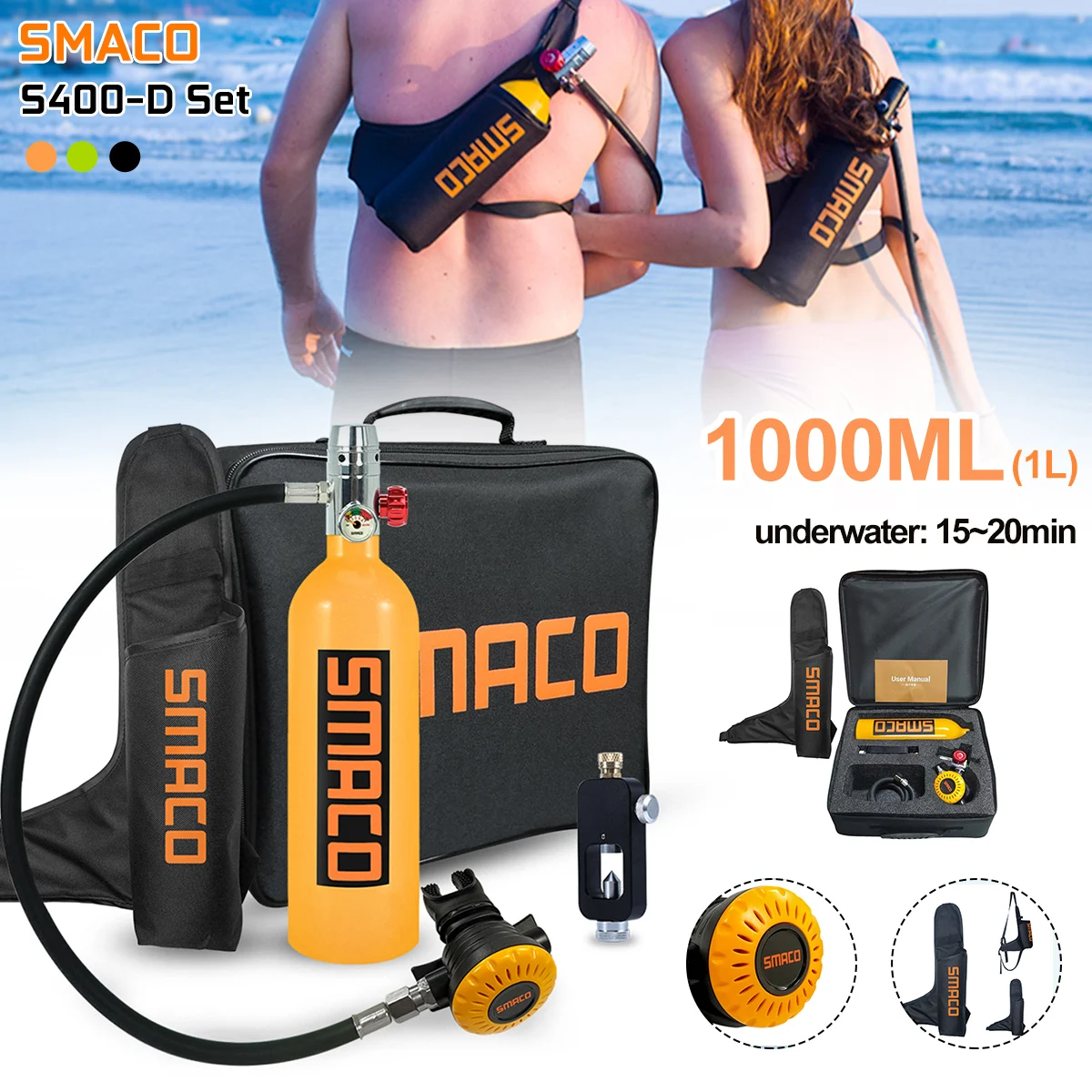 

SMACO S400 1L Mini Scuba Diving Tank Oxygen Cylinder Bag Scuba Adapter With Handbag Diving Equipment set