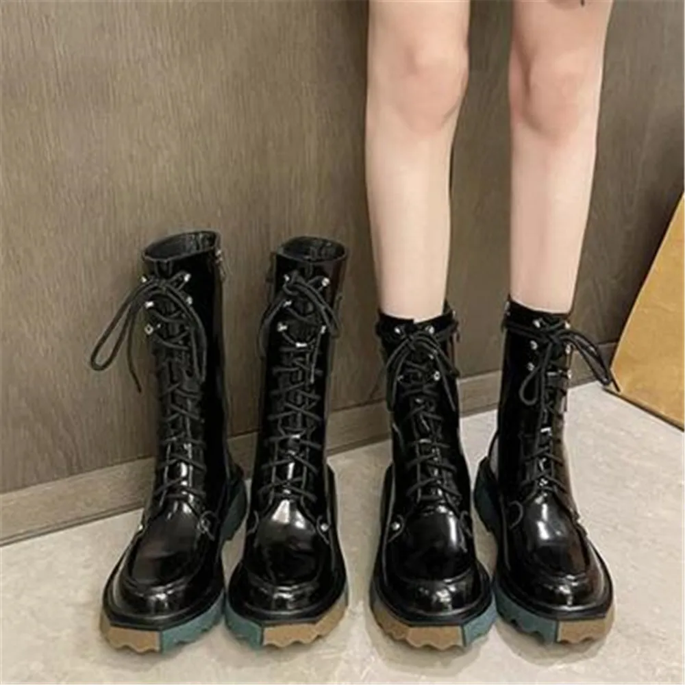 

Lace-up Zipper Motorcycle Boots New 2022 Spring Female Patent Leather Round Toe Shoes Women Autumn Fashion Mid Calf Casual Boots