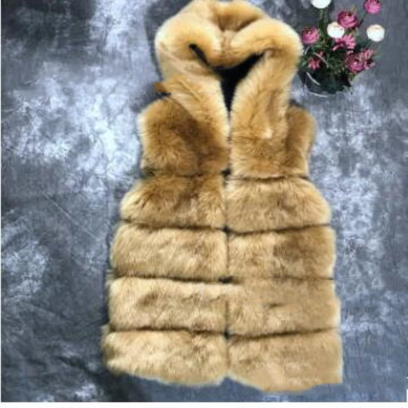 CAMEL Lisa Colly, Женское зимнее пальто, пальто, теплый жилет из искусственного меха, пальто с капюшоном, в полоску, средней длины, меховой жилет из искусственного лисьего меха, жилет, куртка - Цвет: CAMEL