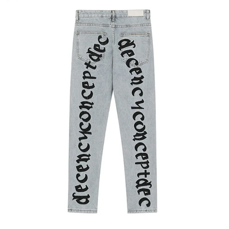 2021 New Arrival Fluorescent Letter Print Cotton Men Hip Hop Jeans Trousers Korean Casual Straight Vintage Denim Pants Pantalon
