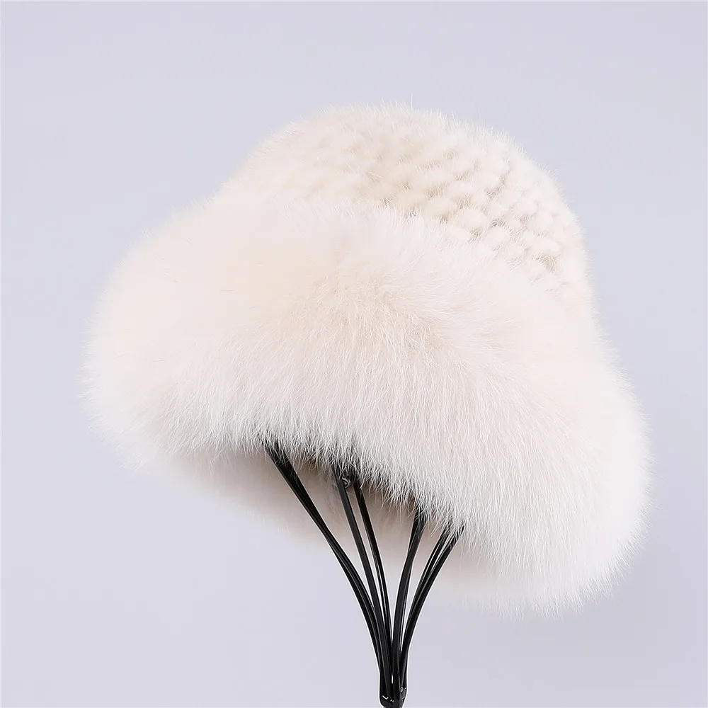 SUPPEV&STTDIO Luxury Women's Winter Warm 100% Mink Fur Knitted Bucket Hat Fox Fur Trim Caps Top Beanies Hats