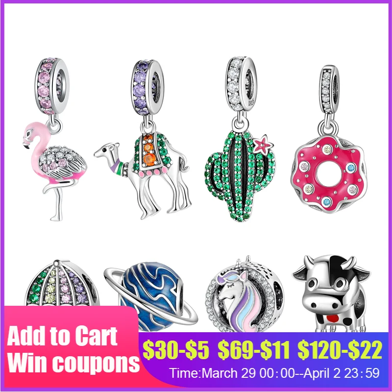 Горячая Распродажа 925 пробы серебро розовый сверкающими камнями Фламинго Подвески бусины для ювелирные изделия делая Подвески подходят ор...