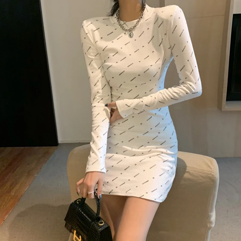 

High Quality Women Bandage Short Dress Long T-shirt Long Sleeve Casual Skinny Dress Black White Girl Streetwear 2021 Spring