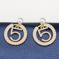 fashion high quality brand women earring jewelry simple pearl number 5 big circle part model earrings black ribbon weaves