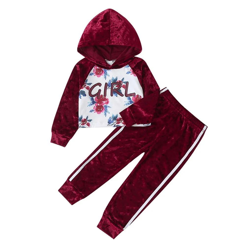 

Комплект из двух предметов для девочек, Топ с длинным рукавом и бархатные штаны с капюшоном и золотым кирпичным принтом для детей